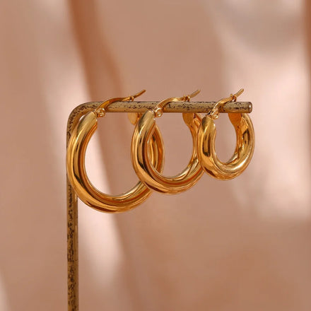 Waterproof Fine Jewelry 30mm Medium Size Gold Hoops Stainless Steel Earrings Non Tarnish 18k Gold Plated Chunky Hoop Earrings