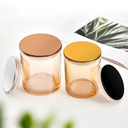 10oz Custom Light Amber Eco-friendly Glass Candle Jar with Rose Gold Lid and UV Printing for Christmas Home Decoration