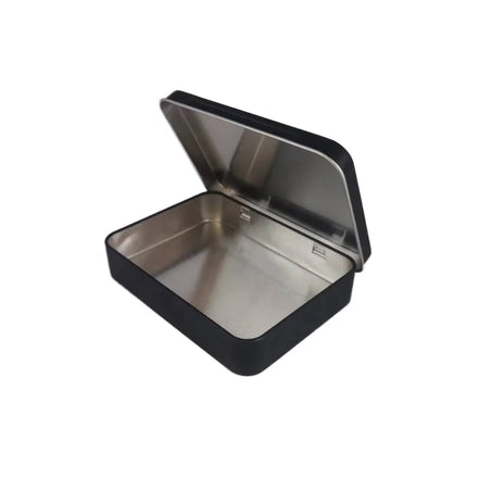 Black Custom Rectangular Hinged Tin Packaging Box with Lid Recyclable 115x85x22mm CMYK Offset & UV Coating