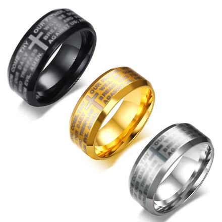 Vintage Religious Titanium Gold Silver Black Cross Rings Stainless Steel Bible Religious Wedding Party Rings for Women Men