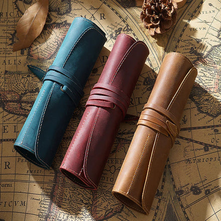 Vintage Roller Ball Pen Case Holder Genuine Crazy Horse Leather Creative Gift Pen Box for Journal Makeup Pouch Storage