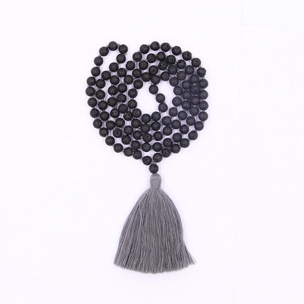 100% Handmade Classic Knotted Grey Tassel Volcanic Black Lava Rock Quartz Beaded Bracelet Mala Necklace