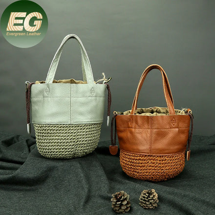 EMG6994 Bag Custom Logo Woven Genuine Leather Rattan Gift Firm Crochet Vintage Designer Beach Women's Bucket Bags