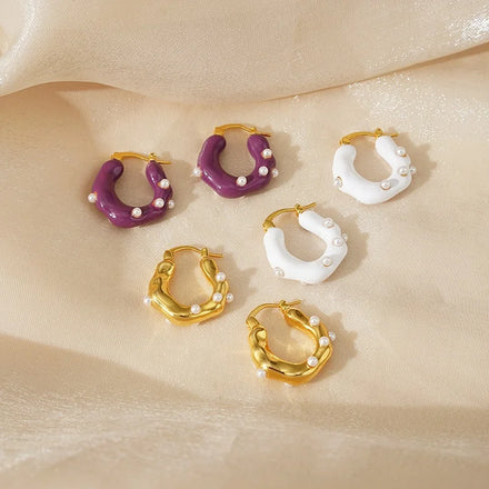 Wholesale Irregular Enamel Hoop Earring Vintage Chic Statement Jewelry Hammered Earrings 18k Gold Hoops Pearl Earrings