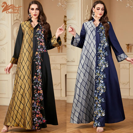 4148 Wholesale Printed Islamic Arab Robe Middle East Eid Women's Dresses Clothes Women Flare Sleeve Trumpet Abaya Dubai 2024