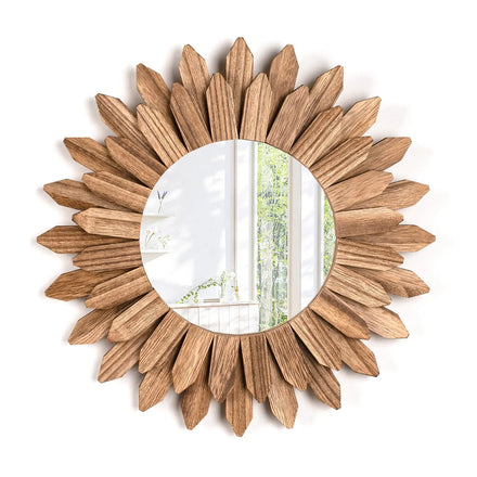 Decorative 12 Inch Rustic Wood Mirror Sunburst Boho Wall Mirror for Entryway Bedroom Living Room Carbonized Black