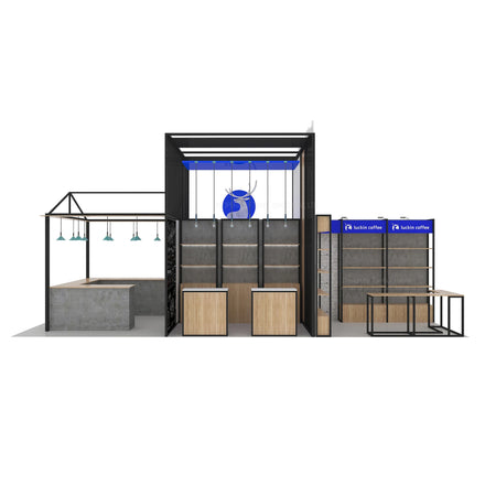 Custom Designed Holiday Bazaar Booth Counter Shelves Aluminum Fabric Wood Construction Custom Sizes Events Trade Shows Easy