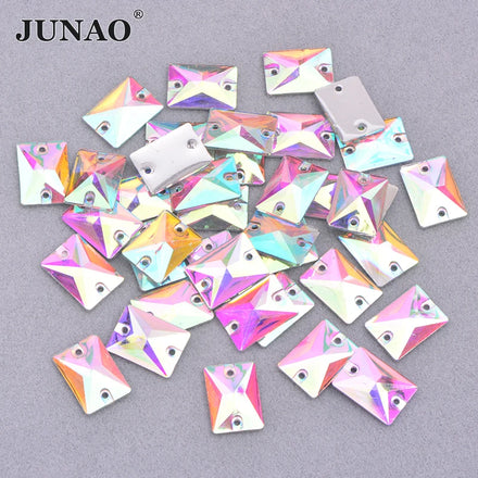 JUNAO 13*18mm Sewing Rectangle Stones Non Hotfix Rhinestones Decorations Resin Stones With Hole for Garment