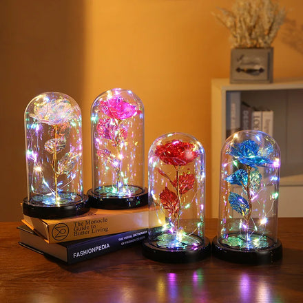 DREA Decorative Led Lamp Galaxy Roses Fake 24k Gold Foil Rose Flowers in Acrylic Dome for Party Favors