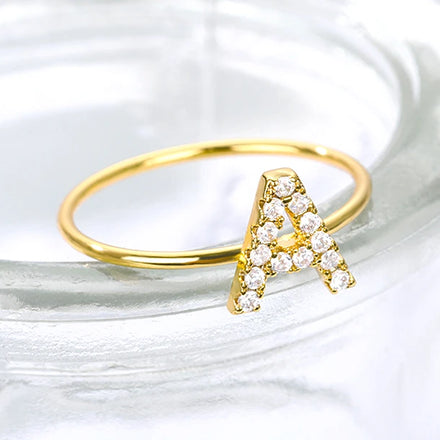 New Arrival Novelty Student Gift Jewelry Shiny 18k Gold Zircon Ring Creative Letter A-Z Ring for Women Girls