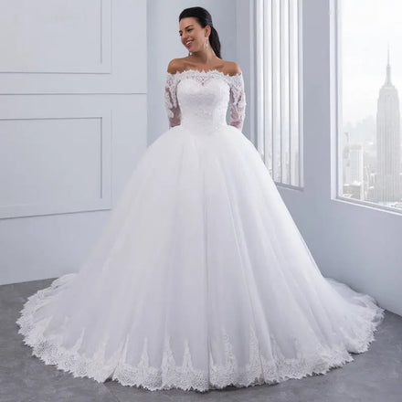 AL1281 Custom Made White Wedding Dress New Style Long Sleeve Bride's Lace Train with Crystal & Ruffles Decoration Long Tail