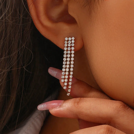 18k Gold Earrings Non Tarnish Stainless Steel Jewelry Long Tassel Earring Shining Crystal Cubic Zirconia Diamond Stud Earrings