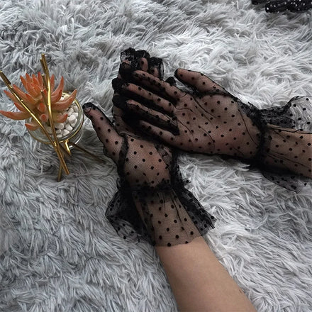 Sexy Transparentes Dot Print Black White Mesh Tulle Glove Spring Summer Thin Short Glove Club Prom Party Dancing Dress Glove