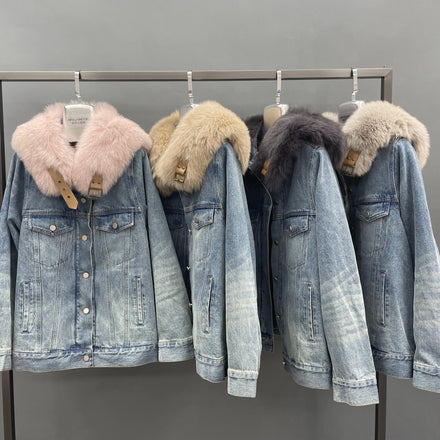 Latest Design Denim Jackets Real Fox Fur Trim Coat Rabbit Fur Lined Fox Fur Denim Parka