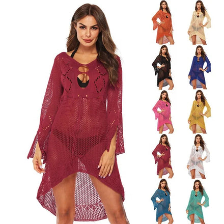 2022 Irregular Horn Sleeves Deep V Neck Summer Bikini Beachwear Knitted Hollow Out Crochet Beach Cover up Dress for Women