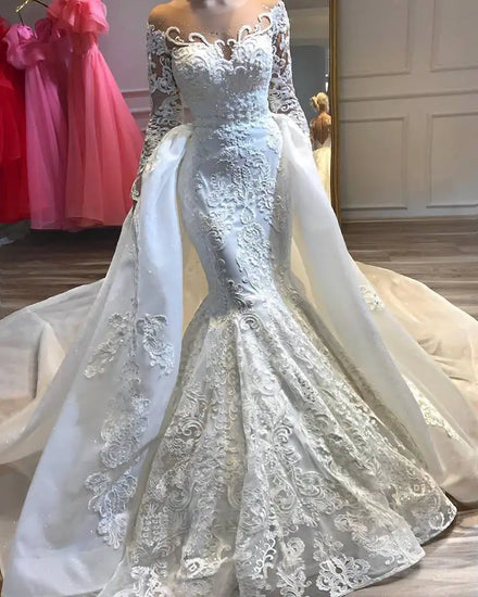 AL1288 White Mermaid Wedding Gown with Detachable Tulle Long Sleeve Lace Beaded Gold Sparkly Plus Size Crystal Decorated