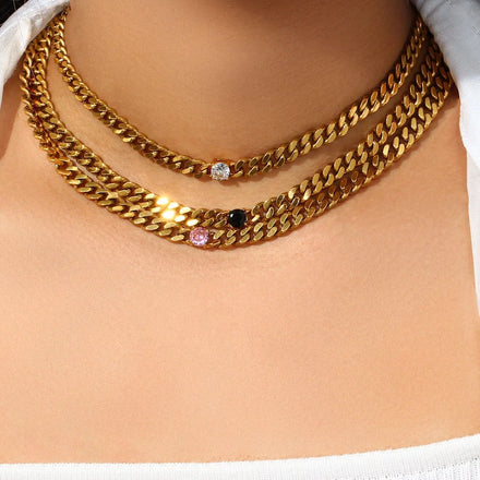 Fashion 18k Gold Cuban Chain Choker Waterproof Stainless Steel Gold Chain Necklace Hip Hop Jewelry Custom Zircon Chain Choker