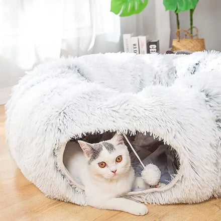 ZMaker Cat Tunnel Bed with Central Washable Cushion for Indoor Cat Kitty Kitten Warm Fluffy Plush Cat Dog Tunnel Bed