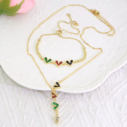 S11162 Dainty Chic 18k Gold Plated 3 Links Colorful CZ Diamond Zircon Love Heart Charm Necklace & Bracelet Jewelry Set