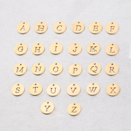 12mm Single Hole Hollow English Letter 18K Gold Plated Stainless Steel DIY Small Pendant Jewelry Charm Trendy Unisex Children's