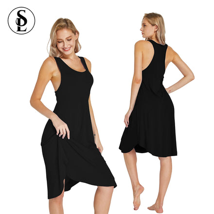 Women's Bamboo Viscose Thermal Summer Spring Knee Length Knitted Round Neck Sleeveless Lightweight Nightgowns