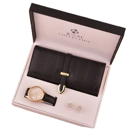 New A08376 Luxury PU Leather Women's Long Card Holder Wallet Business Watch Fashion Earrings Gift Set