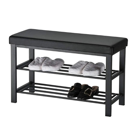 Entryway Shoe Rack with Cushioned Seat Metal Frame 2 Shelves Shoe Storage Bench