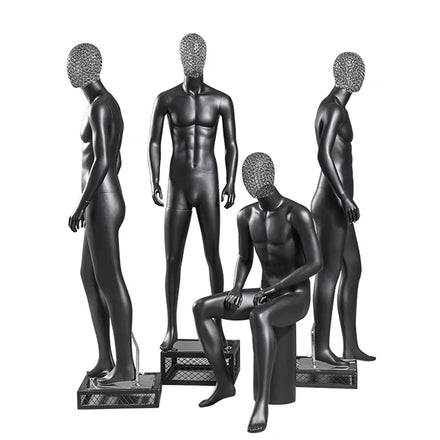 New Fashion Plated Gun Cutout Head Male Mannequin Human Clothing Store Window Black Full Body Torso Display Stand and Sit