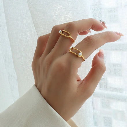 No Fading 18k Gold Plated Stainless Steel Fashion Geometric Shape Paperclip Pearl Ring for Women Girls