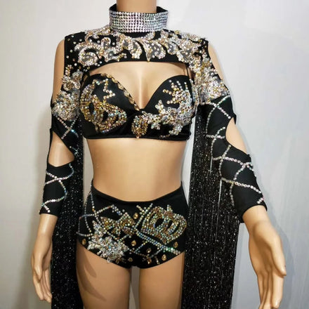 Sexy Tassel Rhinestone Bra Shorts Festival Outfit Club Carnival Show Costume Women Stage Performance Stripper Dance Bikini Sets
