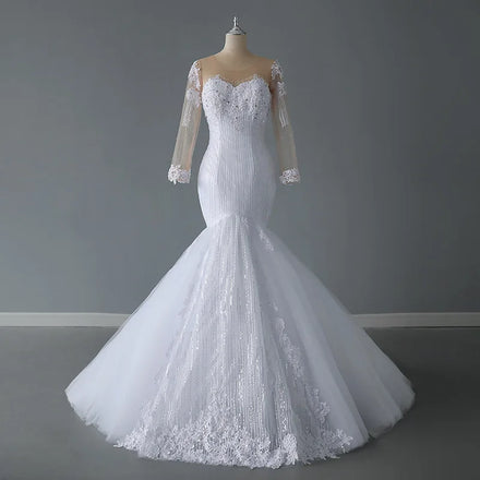 AL1292 2025 New White Lace Mermaid Tail Vintage Princess Beaded Long Sleeves Mermaid Sweetheart Lace Wedding Dress