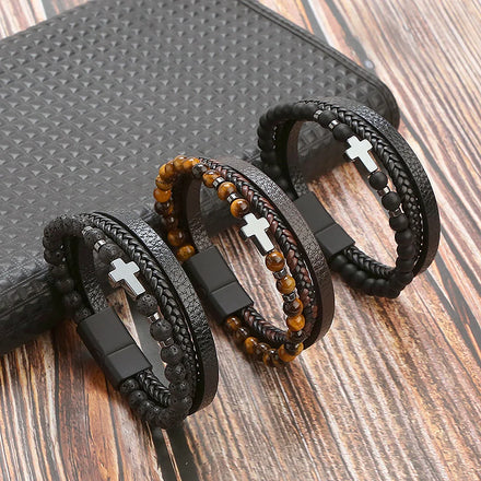 Mens Bead Leather Bracelet Natural Bead Steel and Leather Bracelet for Men Christmas Gift