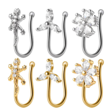 Women's Gold Hinged Nose Rings Wholesale Flower Lizard Zircon Faux Fake Piercing Jewelry Brass Nose Cuffs Clip on for Weddings