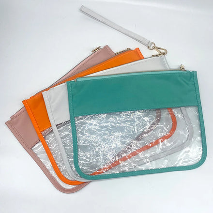Custom Embroidered Chenille Sequin Patch Waterproof Zipper Clear Pouch Toiletries Bags Pvc Clear Cosmetic Bag