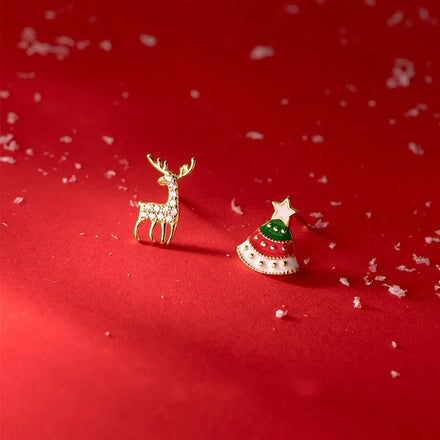 925 Sterling Silver Christmas Stud Earrings Sweet Asymmetrical Christmas Tree Earring Set Diamond Deer Earrings Women