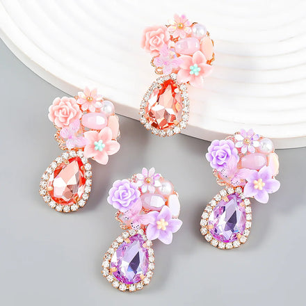 2025 New Arrivals Exaggerated Alloy Diamond Inlaid Resin Flower Drop Shaped Glass Diamond Earrings Korean Shell Flower Earrings