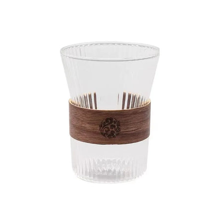 Creative Design Ribbed Borosilicate Glass Coffee Mug Heat Insulated Wood Gasket Handmade Eco-Friendly Customizable Logo for