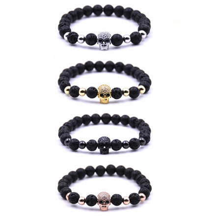 Fashion Crystal 8mm Beads Natural Stone Ball Elastic Matte Lava Stone Black Beads Skull Bracelet