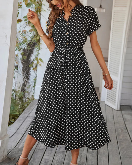 Ladies Polka Dot Print Shirt Dress Women Casual Midi Holiday Summer Dress Female Loose Women Beach Dress Sundress Robe Vestidos