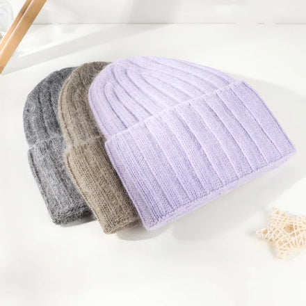 2025 Winter Hat Knitted Beanie Hat Cashmere Knitted Hats for Women Cap Winter Autumn Rabbit Fur Ladies Solid Beanies
