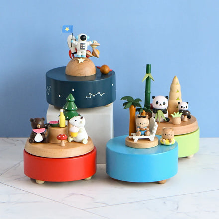 Colorful Round Music Box Christmas Ornaments Wooden Animals Home Party Decoration Wooden Music Boxes with Various Patterns