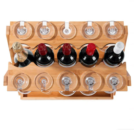 Bamboo Wine Bottle Organizer with Glass Holder Free Standing Wine Glass Rack Display Shelf with Cork Tray for Tabletop