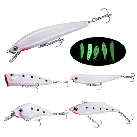 Wholesale Box013 Combo 5pcs/box Luminous White Body Hard Baits Minnow Popper Crankbait VIB Pencil Fishing Lures Kit Set
