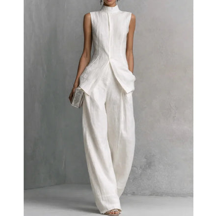 Vintage Solid Cotton Linen Suit for Women Sleeveless Turtleneck Top & High Waist Pants Set New Spring Summer Button Loose Outfit