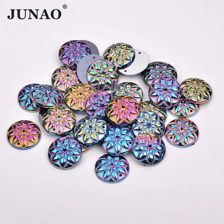 JUNAO 20mm Sewing Crystals 200pcs Round Rhinestones Decorations With Hole Flower Design Acrylic Diamonds