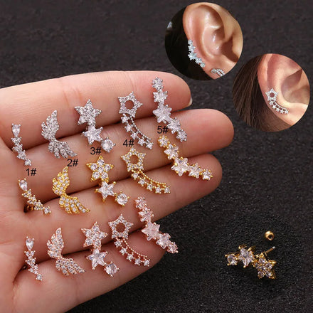 Stainless Steel Ear Piercing Jewelry Curved Cz Cartilage Stud Helix Rook Conch Screw Back Earring for Woman