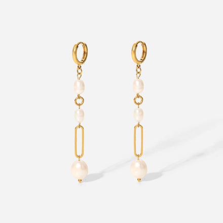 Luxury Trendy Women's Freshwater Pearl Long Drop Earrings 18K PVD Gold Plated Stainless Steel Hoop/Huggie/Drop Wedding