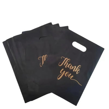 Reusable Poly Strong Tear-proof Opaque Black Plastic Thank You Shopping Bags for Fur Clothing Socks & Shoes Packaging