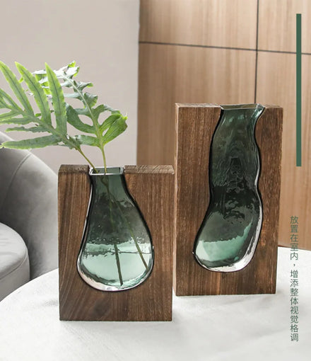 Traditional Solid Wood Transparent Glass Tabletop Vase Vintage Classic Home Designer Decoration Terrarium