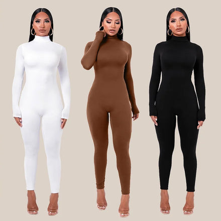 Hot Selling Solid Color Bodycon One Piece Fitness Casual Long Sleeve Sexy Women Jumpsuits